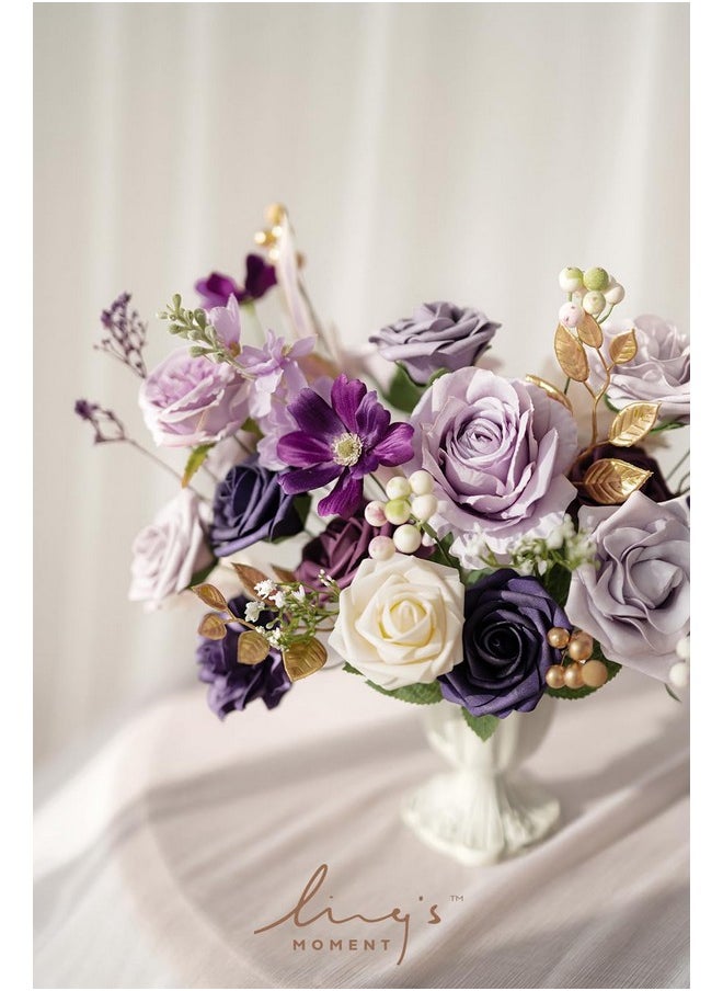 Ling's moment - Ling's Moment Artificial Flowers Fake Roses Faux Peony Foam Gardenia Combo for DIY Wedding Bouquets Centerpieces Arrangements Bridal Shower Party Home Decorations, Purple, 23pcs - Image 1