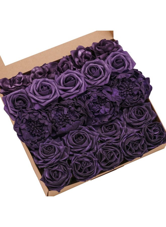 Ling's moment - Ling's Moment Artificial Flowers Fake Roses Faux Peony Foam Gardenia Combo for DIY Wedding Bouquets Centerpieces Arrangements Bridal Shower Party Home Decorations, Purple, 23pcs - Image 1