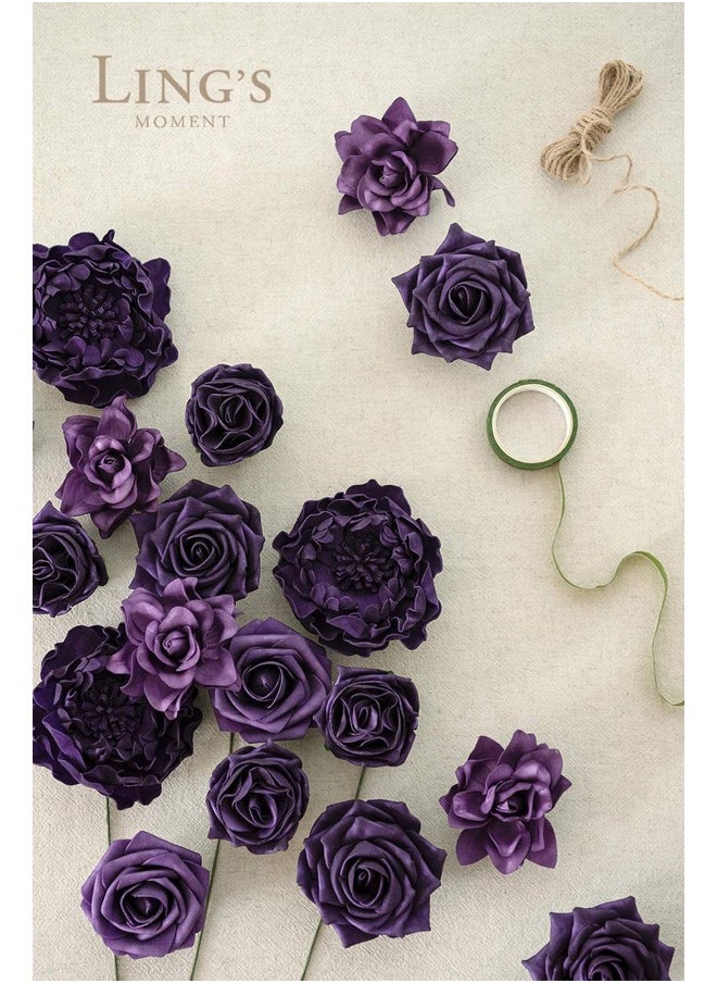 Ling's moment - Ling's Moment Artificial Flowers Fake Roses Faux Peony Foam Gardenia Combo for DIY Wedding Bouquets Centerpieces Arrangements Bridal Shower Party Home Decorations, Purple, 23pcs - Image 1