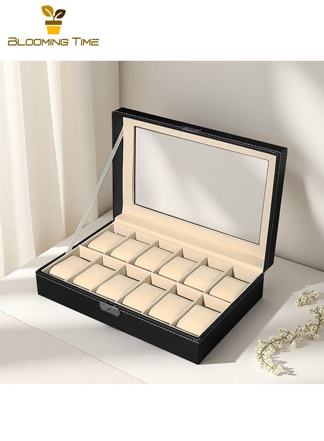 BLOOMING TIME 12-Digit Watch Box, High-End Watch Leather Box, Packaging Box, Leather Watch, Transparent Window Storage Display Box, wWatch Storage Box, PU Leather - Image 1
