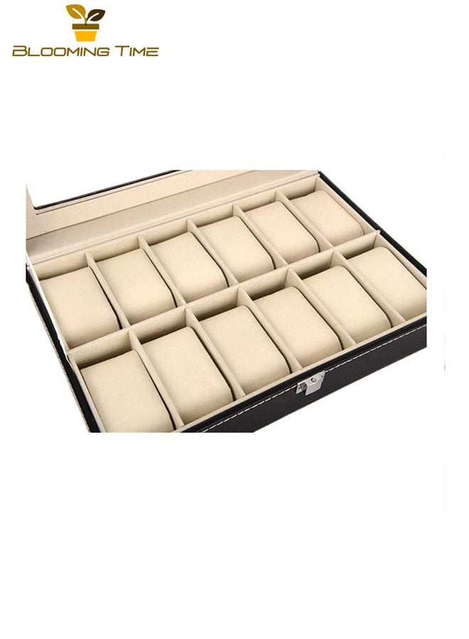 BLOOMING TIME 12-Digit Watch Box, High-End Watch Leather Box, Packaging Box, Leather Watch, Transparent Window Storage Display Box, wWatch Storage Box, PU Leather - Image 2