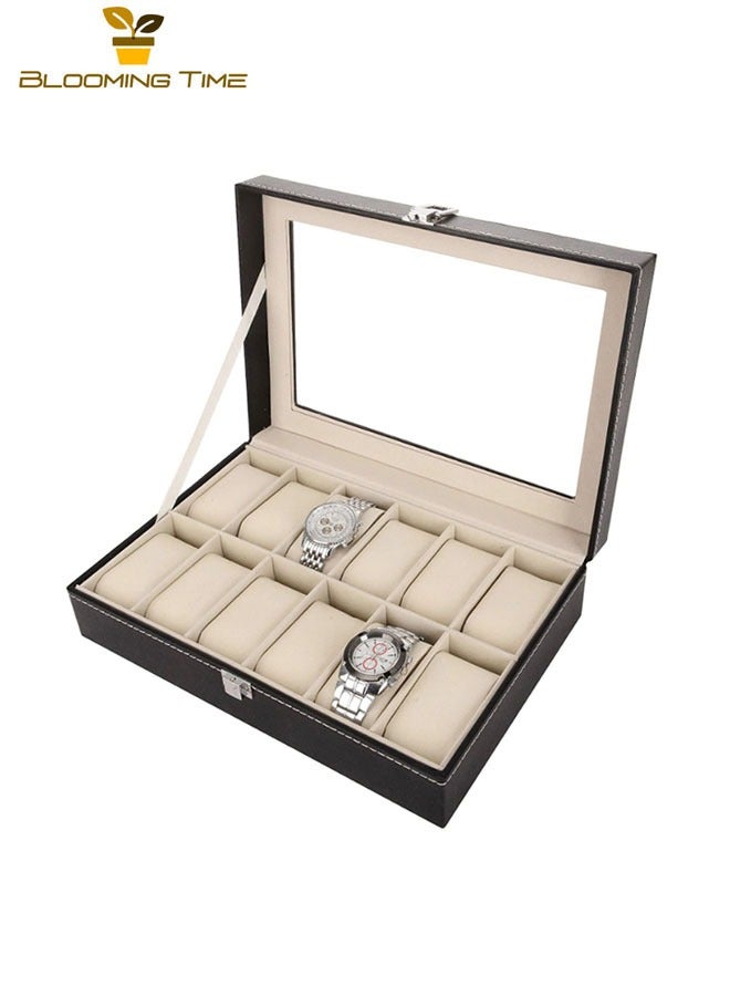BLOOMING TIME 12-Digit Watch Box, High-End Watch Leather Box, Packaging Box, Leather Watch, Transparent Window Storage Display Box, wWatch Storage Box, PU Leather - Image 3