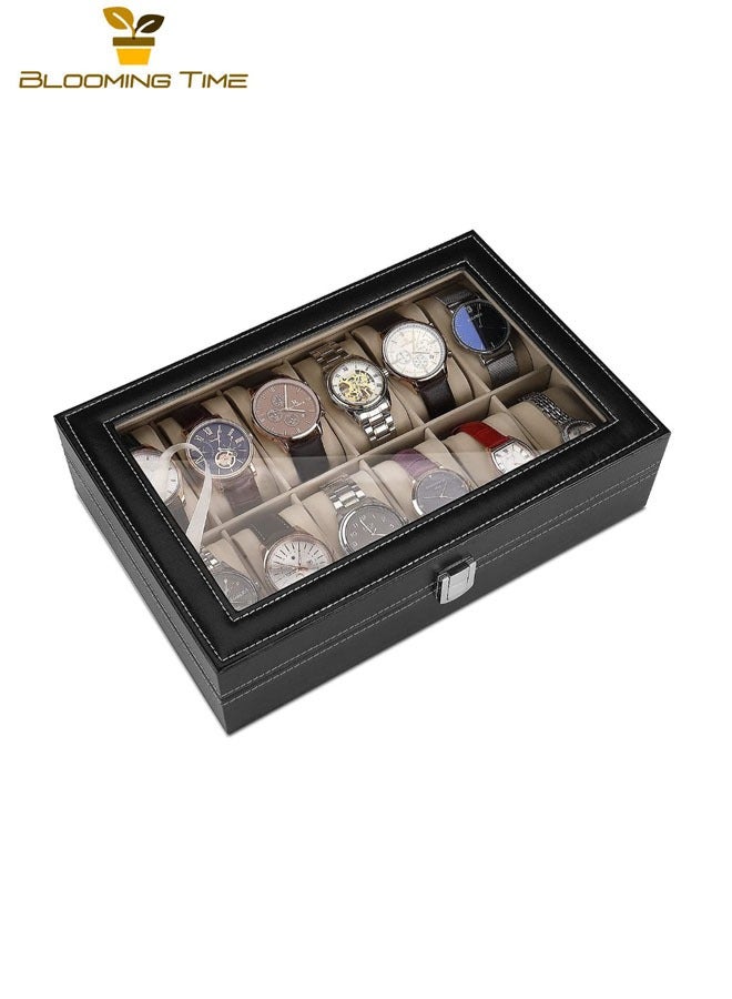 BLOOMING TIME 12-Digit Watch Box, High-End Watch Leather Box, Packaging Box, Leather Watch, Transparent Window Storage Display Box, wWatch Storage Box, PU Leather - Image 5