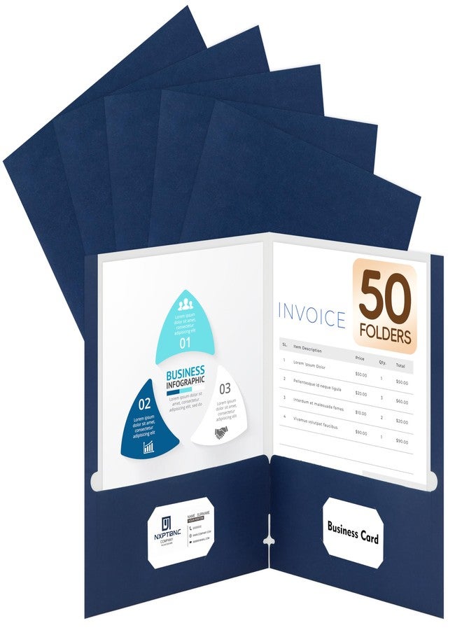 YNXPTBNC 50 Packs Two Pocket Folders,Two Pocket File Folders with Business Card Slot,Dark Blue,Letter Size,Paper Folders with Pockets for School Office Home Business - Image 1