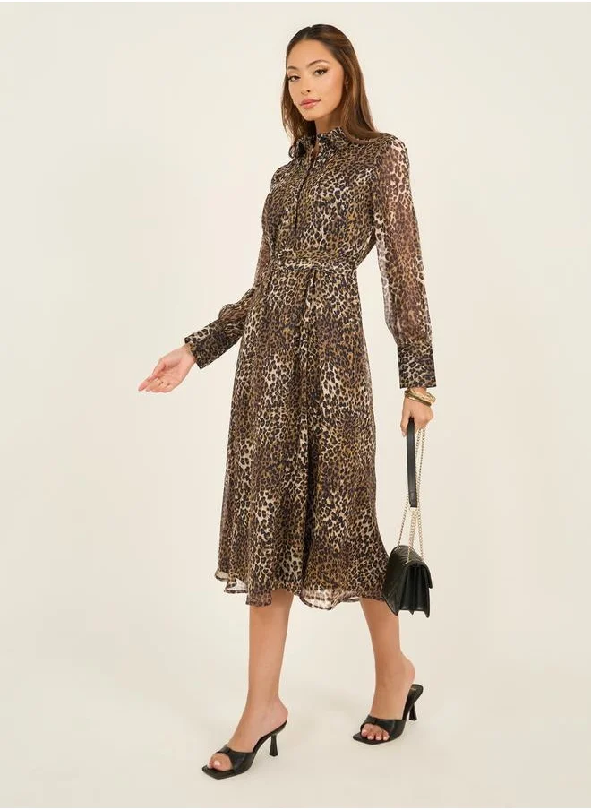 Styli Animal Print Balloon Sleeves A-Line Midi Dress