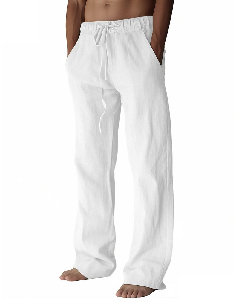 PIDOGYM Mens Cotton Linen Pants, Summer Beach Pants Casual Loose Fit with Elastic Waist Drawstring White - Image 1