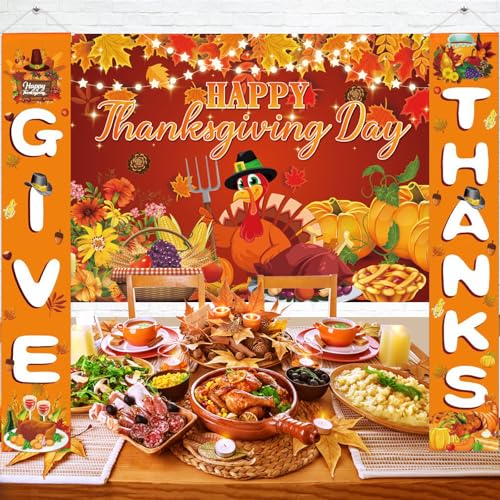 LifeisLuck Thanksgiving Banners with 3 Pcs 71x43 Inch Happy Thanksgiving Backdrop Give Thanks Porch Signs Hanging Ribbon for DoorWallYard Decorations Fall Party Supplies Photography Background - Image 1