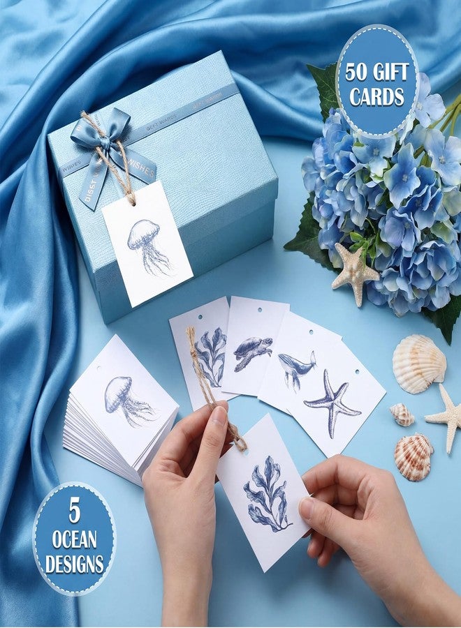 Tenceur 50 Set Watercolor Ocean Gift Tags with String 2 x 3 Inch Summer Under The Sea Animal Blank Gift Card Thick Textured Paper Labels Name Tags for Beach Party Birthday DIY Gifts, 5 Marine Designs - Image 3