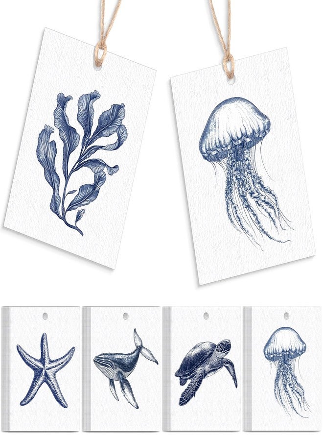 Tenceur 50 Set Watercolor Ocean Gift Tags with String 2 x 3 Inch Summer Under The Sea Animal Blank Gift Card Thick Textured Paper Labels Name Tags for Beach Party Birthday DIY Gifts, 5 Marine Designs - Image 1