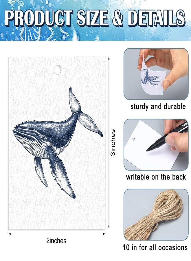 Tenceur 50 Set Watercolor Ocean Gift Tags with String 2 x 3 Inch Summer Under The Sea Animal Blank Gift Card Thick Textured Paper Labels Name Tags for Beach Party Birthday DIY Gifts, 5 Marine Designs - Image 2