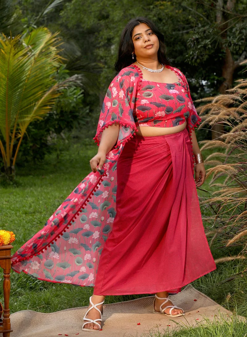 Instafab Plus Instafab Plus Women's Raspberry Pink Flora-Imprint Draped Co-Ord Set For Ethnic Wear | Spagetti Straps, Quarter Kimono Sleeves | Floral Print Plain Fabric | 3 Piece Co-Ords For Evening & Party Wear