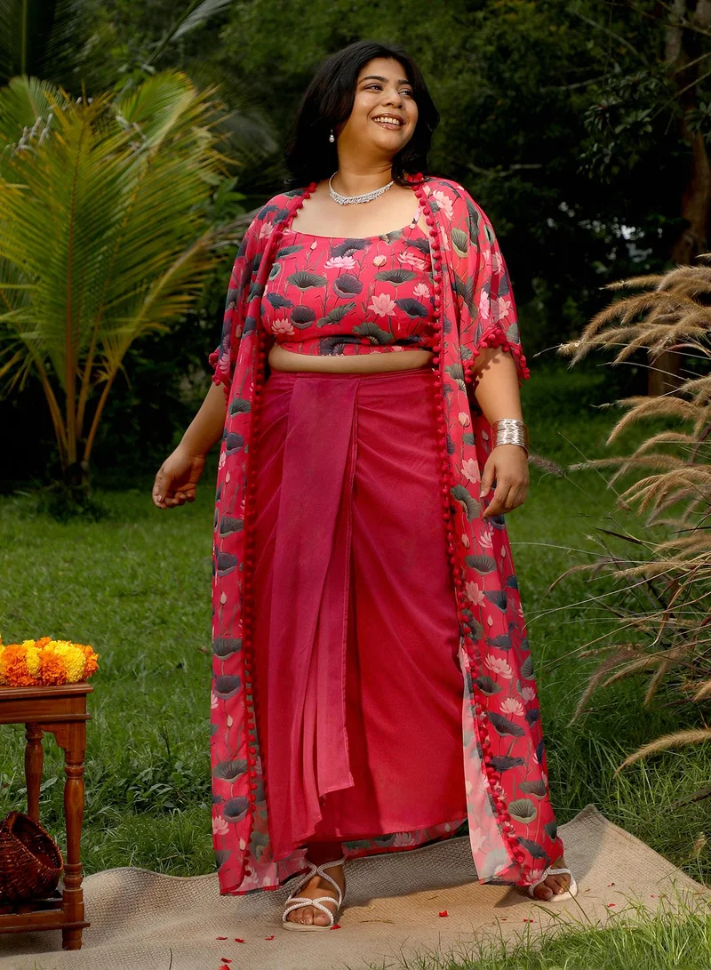 Instafab Plus Instafab Plus Women's Raspberry Pink Flora-Imprint Draped Co-Ord Set For Ethnic Wear | Spagetti Straps, Quarter Kimono Sleeves | Floral Print Plain Fabric | 3 Piece Co-Ords For Evening & Party Wear