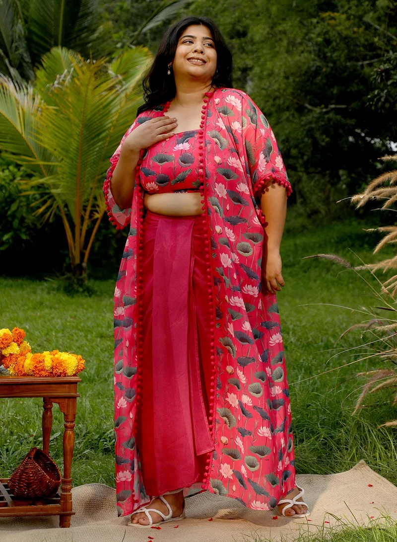 Instafab Plus Instafab Plus Women's Raspberry Pink Flora-Imprint Draped Co-Ord Set For Ethnic Wear | Spagetti Straps, Quarter Kimono Sleeves | Floral Print Plain Fabric | 3 Piece Co-Ords For Evening & Party Wear