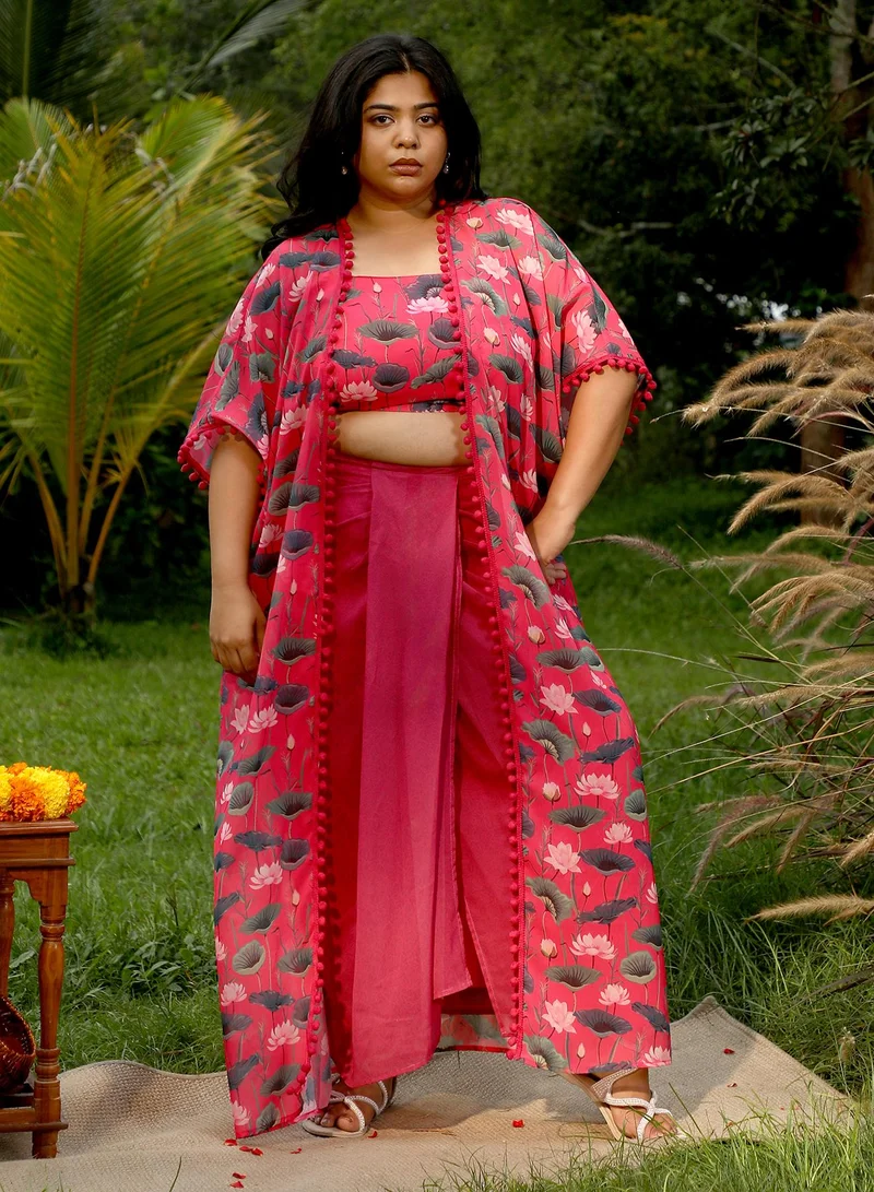 Instafab Plus Instafab Plus Women's Raspberry Pink Flora-Imprint Draped Co-Ord Set For Ethnic Wear | Spagetti Straps, Quarter Kimono Sleeves | Floral Print Plain Fabric | 3 Piece Co-Ords For Evening & Party Wear
