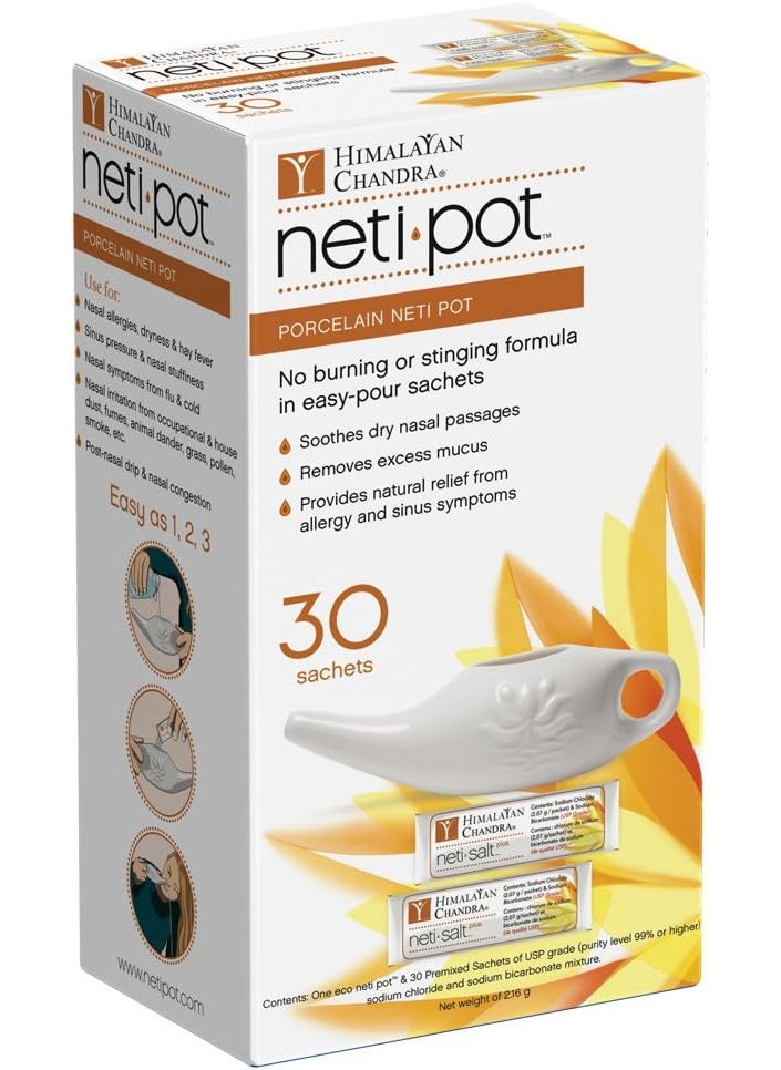 Himalayan Chandra Himalayan Sinus Rinse Porcelain Neti Pot with 30 Sachets, 11 Ounce 