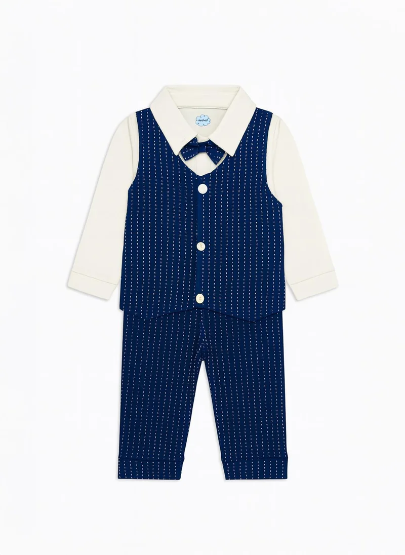 Nautinati Nautinati Navy Blue And White Dotted Collared Romper With A Bow For Infant Boys
