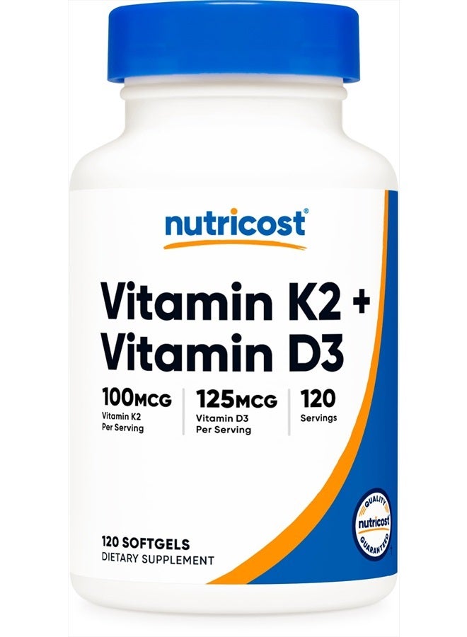 Nutricost Vitamin K2 (MK7) (100mcg) + Vitamin D3 (5000 IU) 120 Softgels - Gluten Free and Non-GMO - Image 1