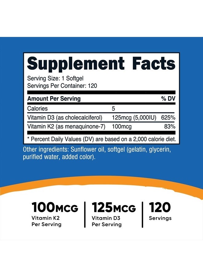 Nutricost Vitamin K2 (MK7) (100mcg) + Vitamin D3 (5000 IU) 120 Softgels - Gluten Free and Non-GMO - Image 2