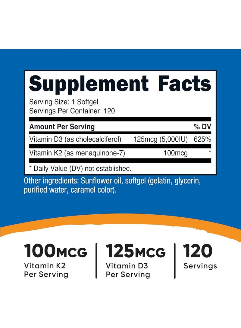 Nutricost فيتامين K2 (MK7) (100 ميكروجرام) + فيتامين D3 (5000 وحدة دولية) 120 كبسولة هلامية - خالية من الجلوتين وغير معدلة وراثيًا - Image 2