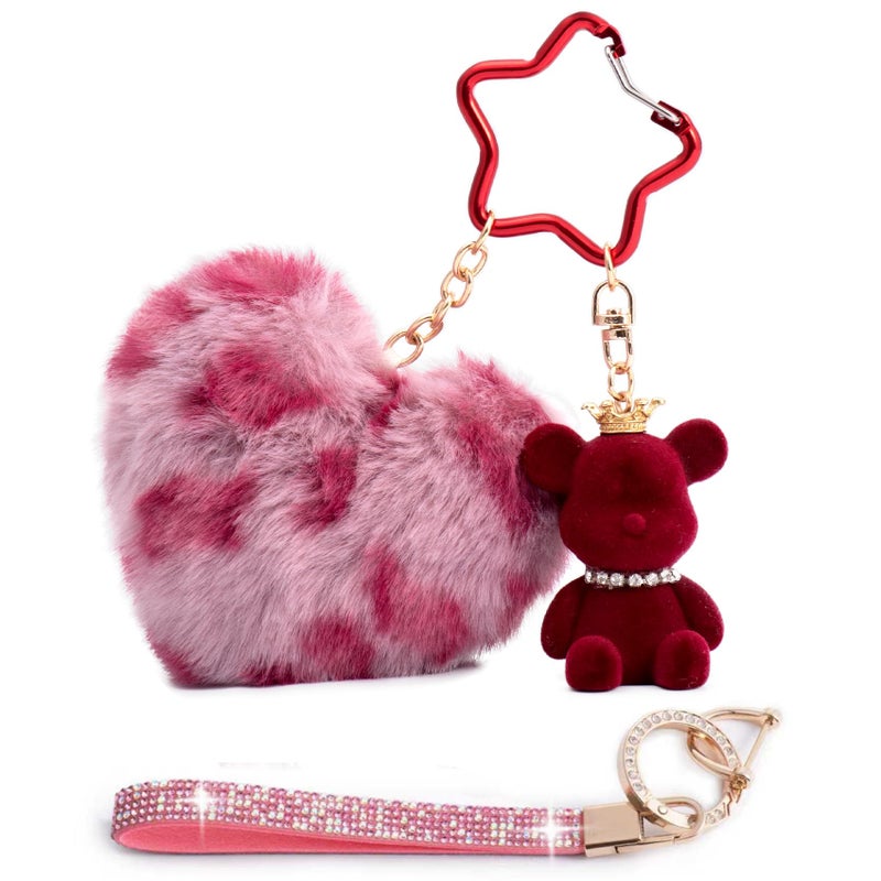 YILANFULL Cute Keychains for Women, Bear keychain Bag Charm,Leopard Plush Heart Puff Ball Keychain Accessorie, Red Teddy Bears Key Chain for Purse Handbags - Image 1