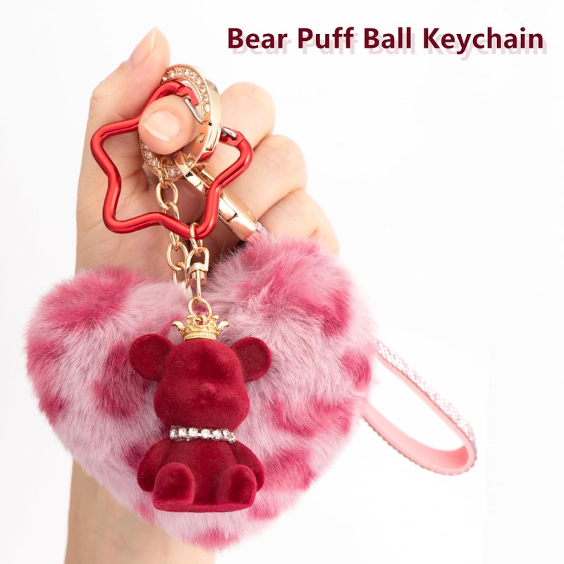 YILANFULL Cute Keychains for Women, Bear keychain Bag Charm,Leopard Plush Heart Puff Ball Keychain Accessorie, Red Teddy Bears Key Chain for Purse Handbags - Image 4