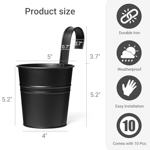 Dahey 10 Pcs Hanging Flower Pots Metal Iron Bucket Outdoor Planter for Railing Fence Balcony Garden Home Decoration Flower Holders with Detachable Hooks Black 5 Inches - Image 3