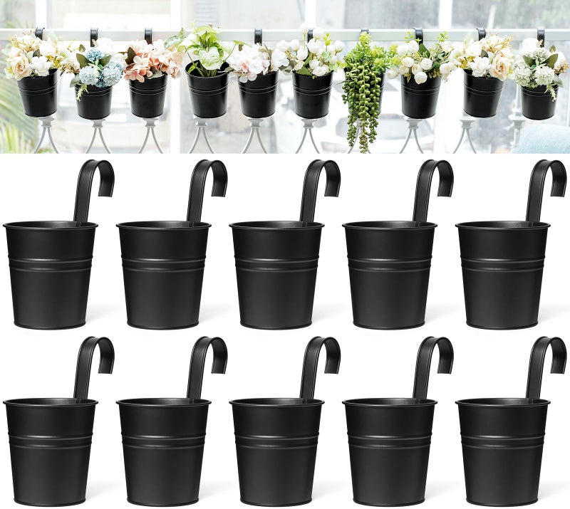 Dahey 10 Pcs Hanging Flower Pots Metal Iron Bucket Outdoor Planter for Railing Fence Balcony Garden Home Decoration Flower Holders with Detachable Hooks Black 5 Inches - Image 2