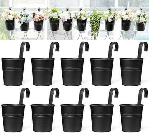 Dahey 10 Pcs Hanging Flower Pots Metal Iron Bucket Outdoor Planter for Railing Fence Balcony Garden Home Decoration Flower Holders with Detachable Hooks Black 5 Inches - Image 1