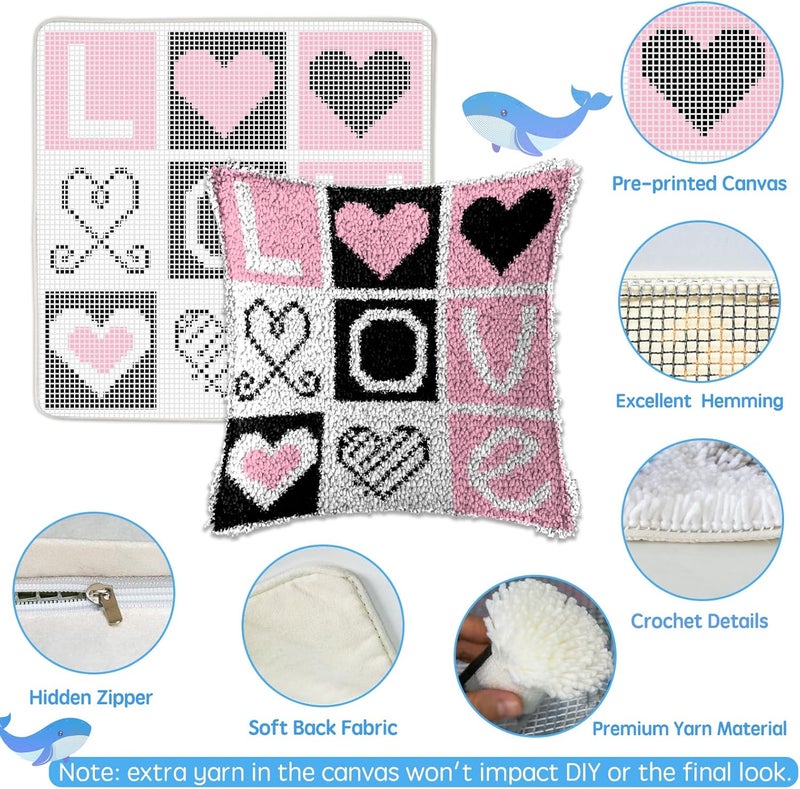 طقم خطاف المشبك ZFFLYH للكبار DIY غطاء وسادة رمي، طقم خيوط كروشيه DIY الحرف اليدوية الإبرة مع قماش مطبوع ديكور المنزل هدية مهرجان 17 × 17 بوصة، حب - Image 3