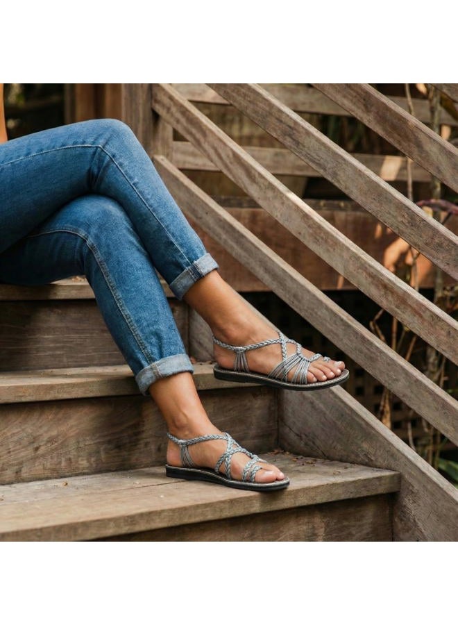 Plaka Palm Leaf Flat Summer Sandals for Women | Perfect for the Beach Walking & Dressy Occasions | Urban Gray | Size 8 - Image 4
