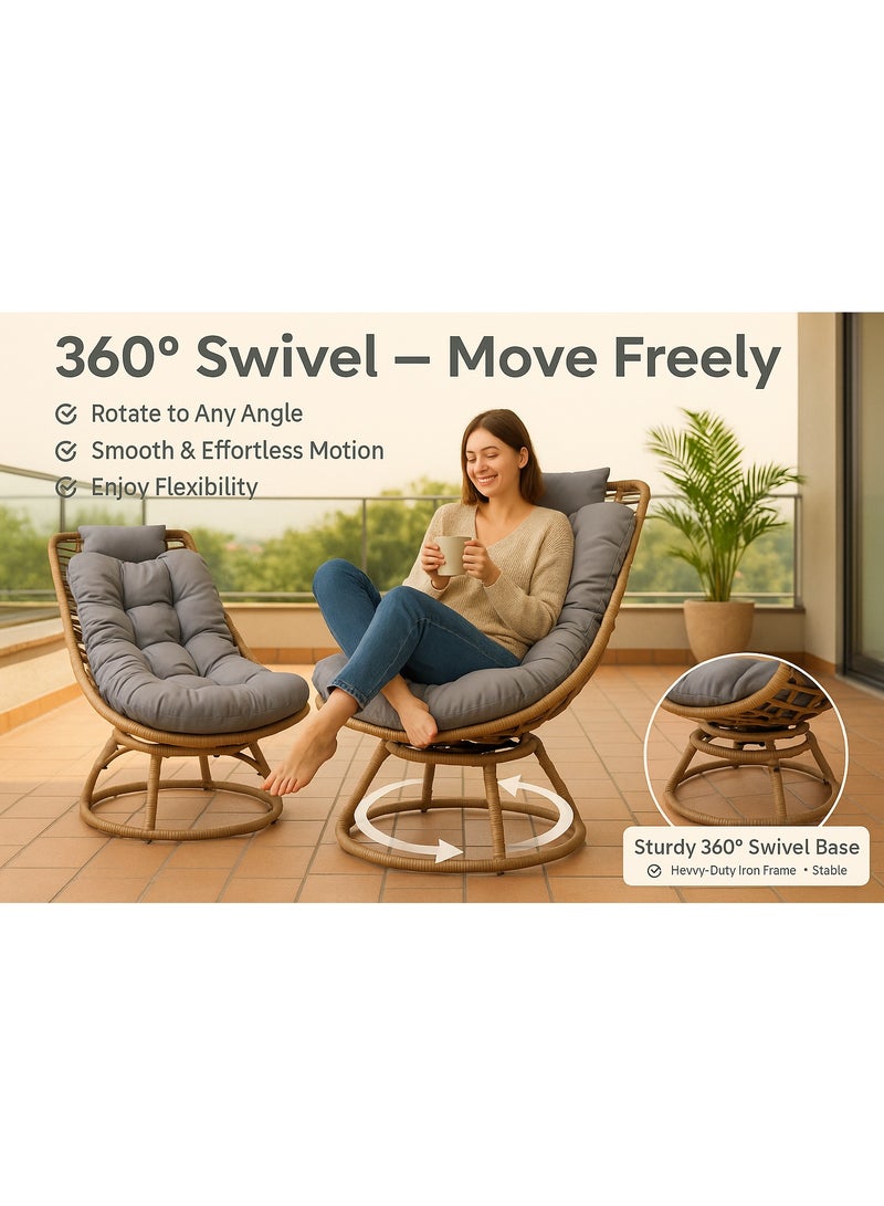 صن رايز كرسي استرخاء فاخر من الخيزران مع قاعدة دوارة 360 درجة ووسادة سميكة مريحة، تصميم مقاوم للعوامل الجوية للاستخدام الداخلي والخارجي، مثالي للشرفة والحديقة وغرفة المعيشة - Image 4