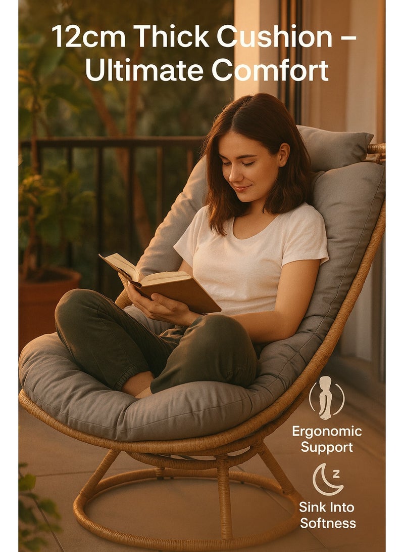 صن رايز كرسي استرخاء فاخر من الخيزران مع قاعدة دوارة 360 درجة ووسادة سميكة مريحة، تصميم مقاوم للعوامل الجوية للاستخدام الداخلي والخارجي، مثالي للشرفة والحديقة وغرفة المعيشة - Image 3