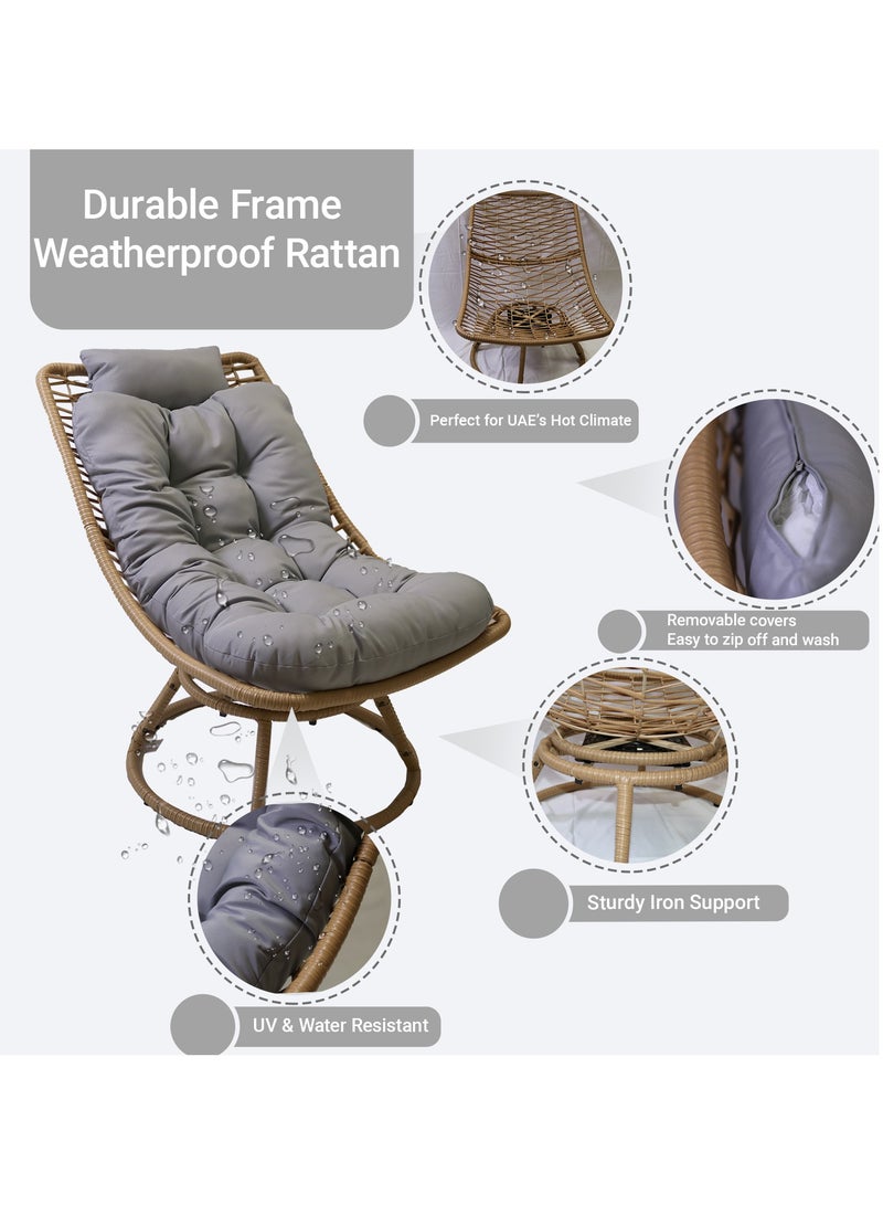صن رايز كرسي استرخاء فاخر من الخيزران مع قاعدة دوارة 360 درجة ووسادة سميكة مريحة، تصميم مقاوم للعوامل الجوية للاستخدام الداخلي والخارجي، مثالي للشرفة والحديقة وغرفة المعيشة - Image 5