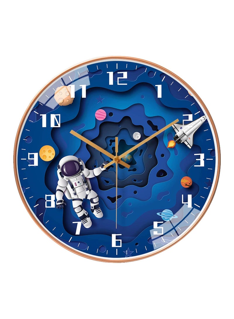 12 Inch Silent Movement Kids Wall Clock, Non Ticking Children Round Wall Clock Battery Operated Space Travel Style Decor Children Clock for School children Bedroom Living Room Space Decor (Blue)