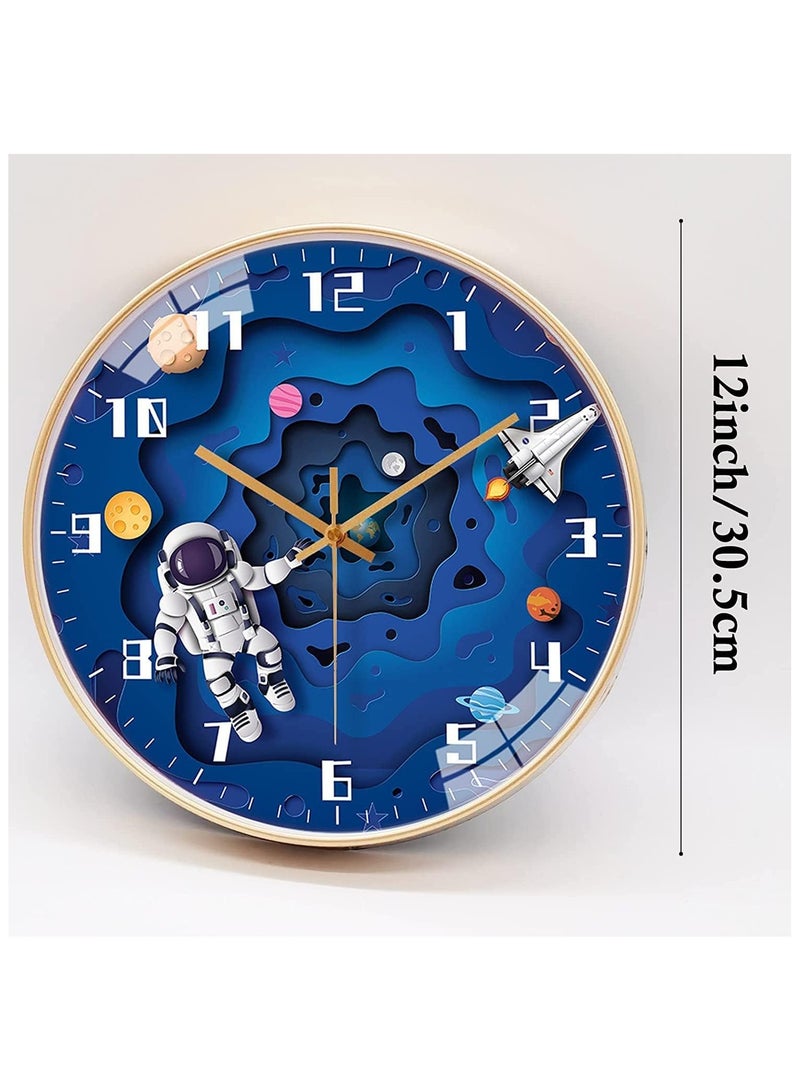 12 Inch Silent Movement Kids Wall Clock, Non Ticking Children Round Wall Clock Battery Operated Space Travel Style Decor Children Clock for School children Bedroom Living Room Space Decor (Blue)