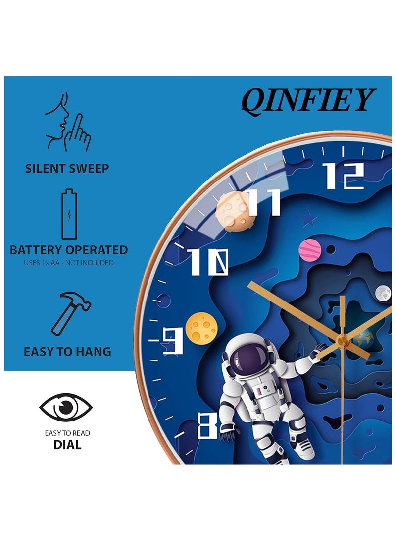 12 Inch Silent Movement Kids Wall Clock, Non Ticking Children Round Wall Clock Battery Operated Space Travel Style Decor Children Clock for School children Bedroom Living Room Space Decor (Blue)