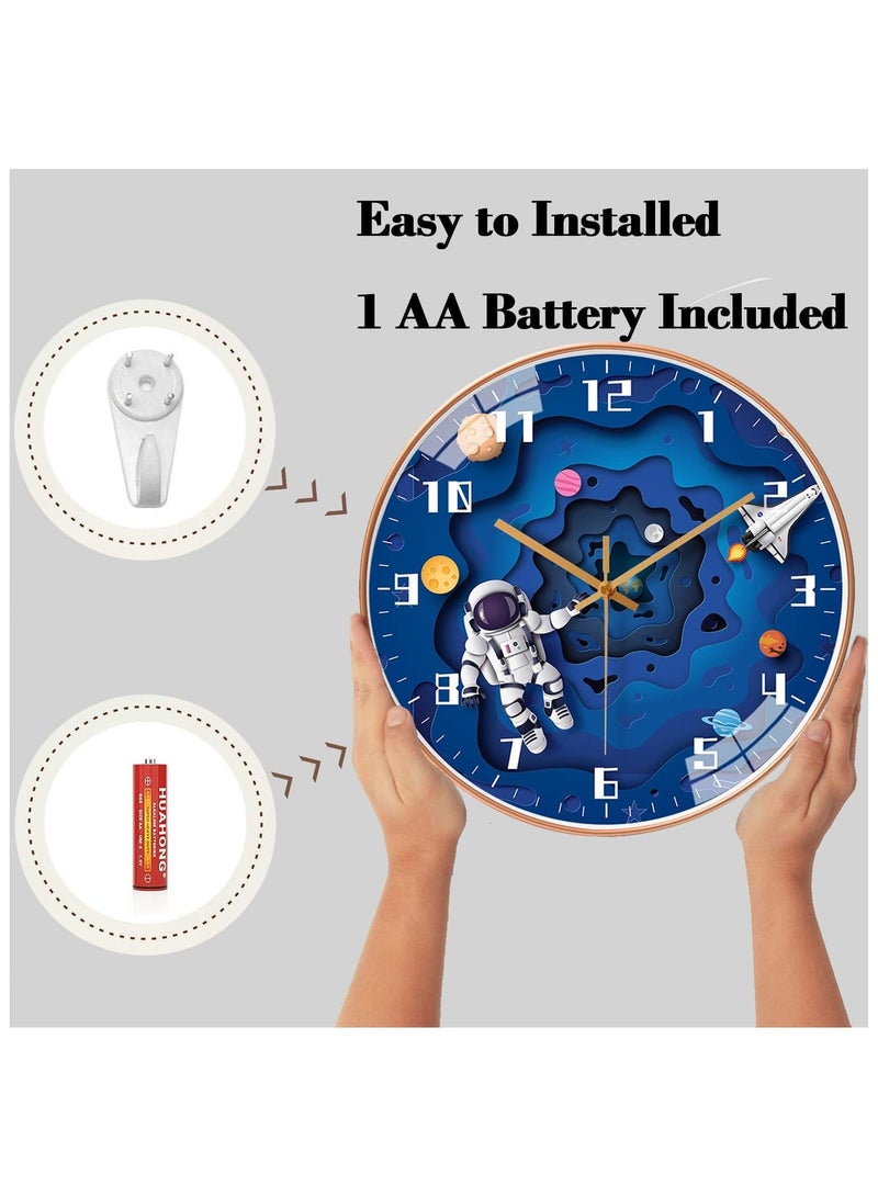 12 Inch Silent Movement Kids Wall Clock, Non Ticking Children Round Wall Clock Battery Operated Space Travel Style Decor Children Clock for School children Bedroom Living Room Space Decor (Blue)