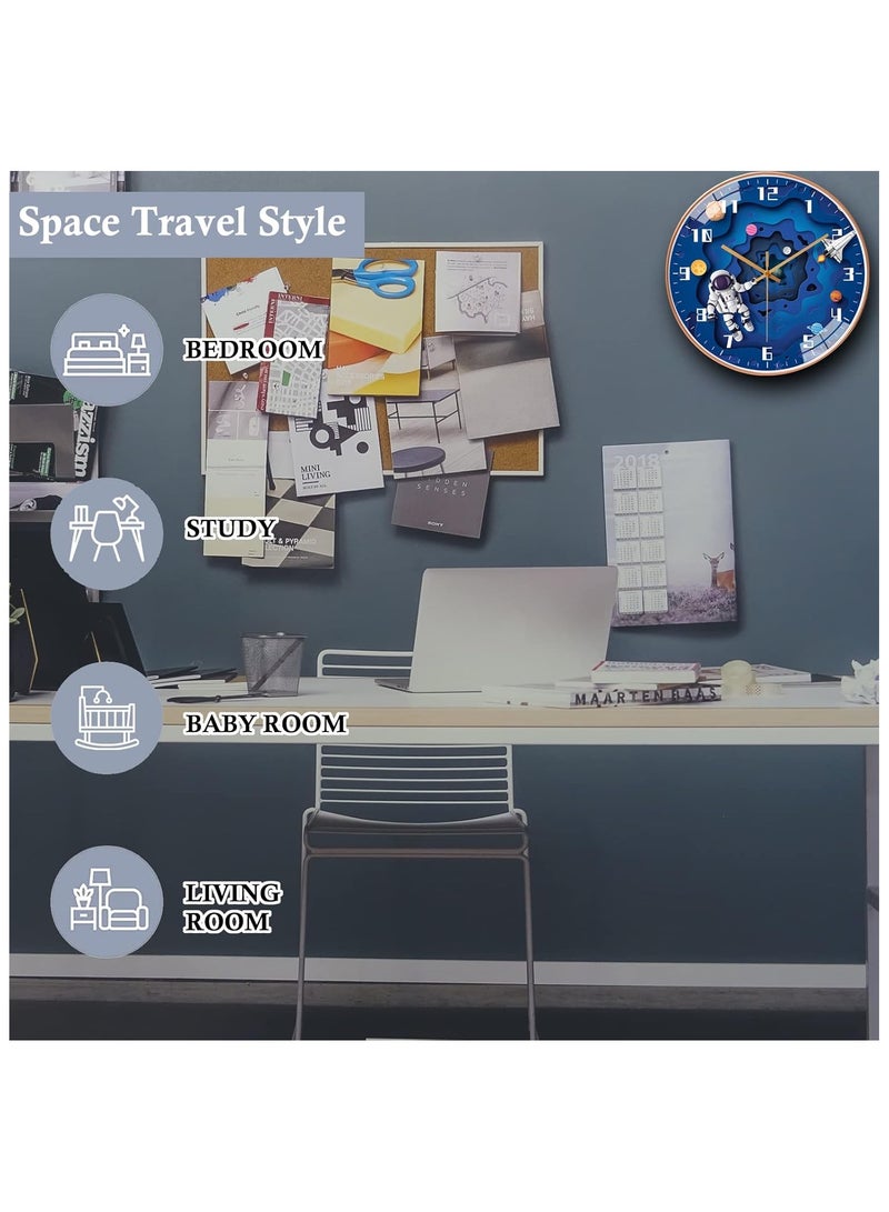 12 Inch Silent Movement Kids Wall Clock, Non Ticking Children Round Wall Clock Battery Operated Space Travel Style Decor Children Clock for School children Bedroom Living Room Space Decor (Blue)