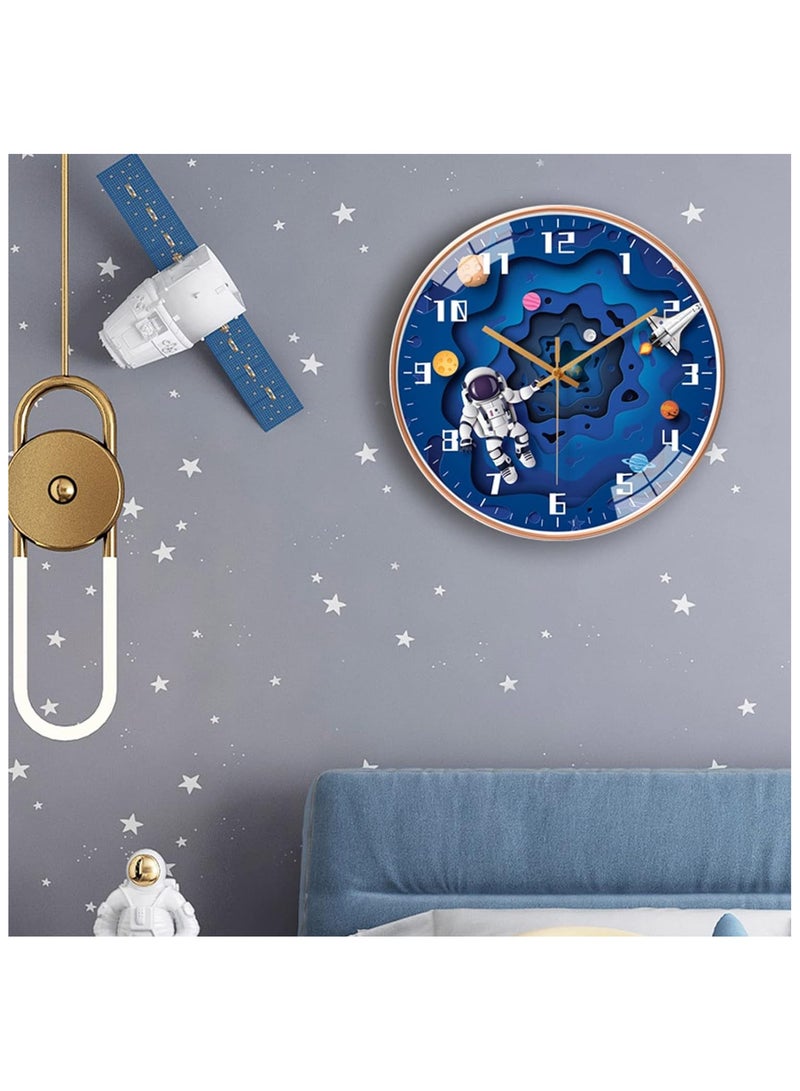 12 Inch Silent Movement Kids Wall Clock, Non Ticking Children Round Wall Clock Battery Operated Space Travel Style Decor Children Clock for School children Bedroom Living Room Space Decor (Blue)