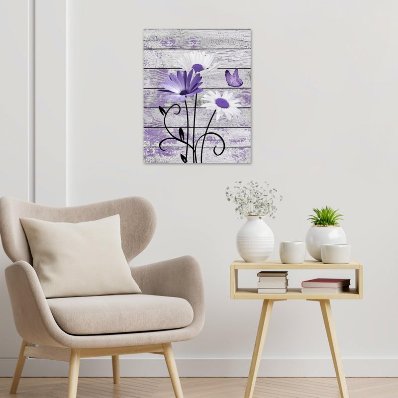 HVEST Farmhouse Floral Wall Art for Living Room, Purple and White Daisy Flower and Butterfly on Rustic Wood Board Canvas Wall Art Framed Artwork Ready to Hang for Bathroom Bedroom Decor, 16L X 12W - Image 2