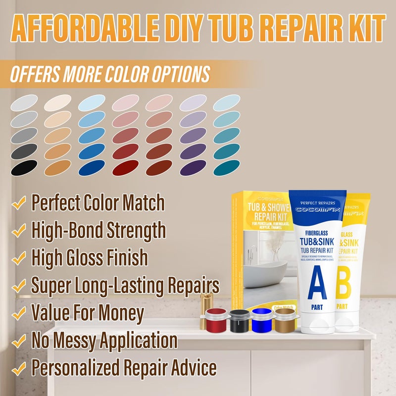 cocomfix Fiberglass Tub Repair Kit (Grey & Blue Match), Fiberglass Shower and Bathtub Repair Kit for Repair Scratches, Chips, Cracks and Holes on Fiberglass, Porcelain Sink, Acrylic, Tub, Ceramic Tile. - Image 2