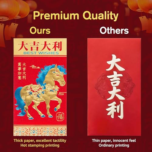 Paquesta 24 Pcs 2026 Chinese Year of the Horse Red Envelopes, 3.5" x 6.7" Large Sparkling Frosted Glitter Paper Money Envelopes for Chinese Lunar New Year, with Blessing Phrases - Image 4