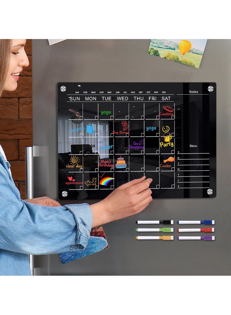 مخطط أسبوعي مغناطيسي من الأكريليك الأسود - لوحة ملاحظات قابلة للمسح للثلاجة للمنزل/المكتب - Image 1