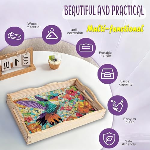 EWJRNSF 5D Diamond Painting Flowers Diamond Art Kits for Adults Wooden Serving Trays with Handles Big Gem Arts and Craft Gifts Trays Decor Gift Home Decor 7.8x11.8 Inches Hummingbird - Image 4