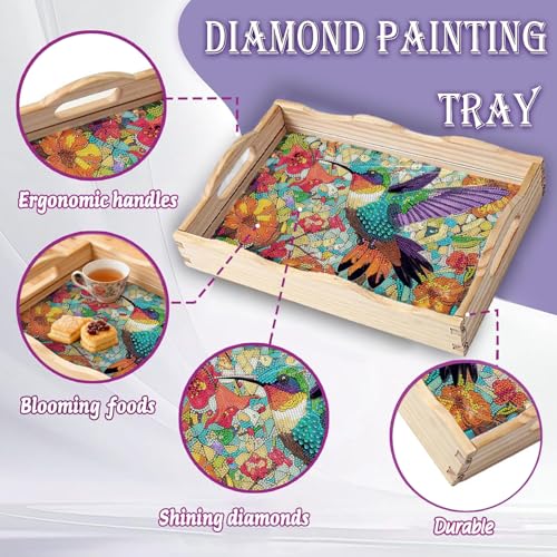 EWJRNSF 5D Diamond Painting Flowers Diamond Art Kits for Adults Wooden Serving Trays with Handles Big Gem Arts and Craft Gifts Trays Decor Gift Home Decor 7.8x11.8 Inches Hummingbird - Image 5