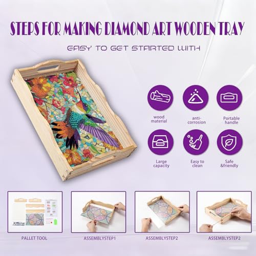 EWJRNSF 5D Diamond Painting Flowers Diamond Art Kits for Adults Wooden Serving Trays with Handles Big Gem Arts and Craft Gifts Trays Decor Gift Home Decor 7.8x11.8 Inches Hummingbird - Image 3
