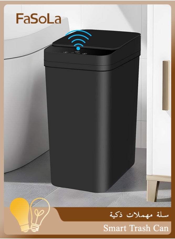 Fasola Smart Trash Can, 12L Automatic Garbage Bin, Slim IPX5 Waterproof Touchless Waste Bin, Motion Sensor Kick Vibration and One-Key Open Electric Trash Can for Bathroom Toilet Kitchen (Black) - Image 1