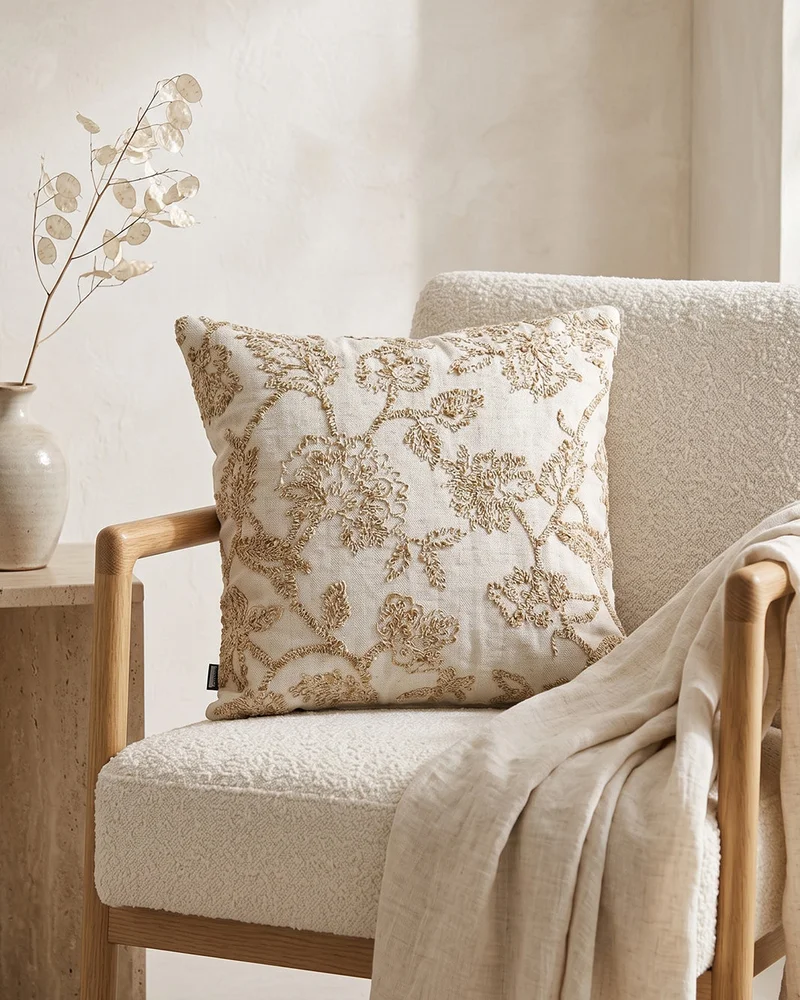 Redtag Ivory And Beige Floral Embroidered Cushion 45cm x 45cm