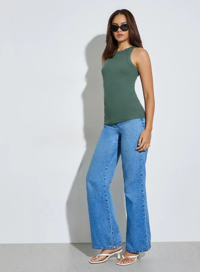 Styli Dark Green Solid Basic Ribbed Casual Tank