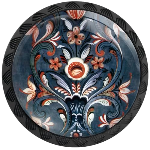 Artinhand 4 Pack Norwegian Rosemaling Folk Style Blue Flower Cabinet Knobs Round Drawer Pulls Black Dresser Knob Cupboard Door Handles Hardware for Kitchen Bathroom Cabinets - Image 1
